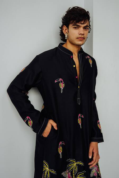 Wabi Sabi By Anshum-Ritesh Black Chanderi Embroidery Tropical Trail Kurta And Pant Set Online at Aza Fashions Wabi Sabi By Anshum-Ritesh_Black Chanderi Embroidery Tropical Trail Kurta And Pant Set _Online_at_Aza_Fashions