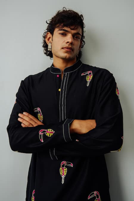 Buy Wabi Sabi By Anshum-Ritesh Black Chanderi Embroidery Tropical Trail Kurta And Pant Set Online at Aza Fashions Buy_Wabi Sabi By Anshum-Ritesh_Black Chanderi Embroidery Tropical Trail Kurta And Pant Set _Online_at_Aza_Fashions