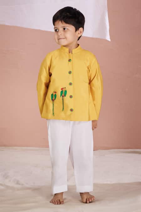 Shop Vivedkids Yellow Crepe, Cotton Embroidery Parrot Applique Bandhgala And Pant Set at Aza Fashions Shop_Vivedkids_Yellow Crepe, Cotton Embroidery Parrot Applique Bandhgala And Pant Set _at_Aza_Fashions