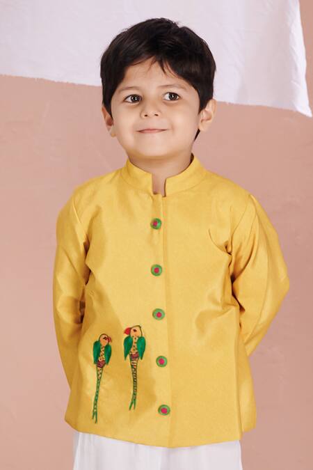 Vivedkids Yellow Crepe, Cotton Embroidery Parrot Applique Bandhgala And Pant Set Online at Aza Fashions Vivedkids_Yellow Crepe, Cotton Embroidery Parrot Applique Bandhgala And Pant Set _Online_at_Aza_Fashions