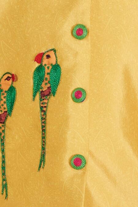 Shop Vivedkids Yellow Crepe, Cotton Embroidery Parrot Applique Bandhgala And Pant Set Online at Aza Fashions Shop_Vivedkids_Yellow Crepe, Cotton Embroidery Parrot Applique Bandhgala And Pant Set _Online_at_Aza_Fashions