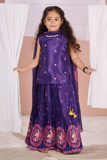Shop_Vivedkids_Purple Crepe, Linen Embroidery, Tassels Kalamkari Kurta Pleated Lehenga Set _at_Aza_Fashions