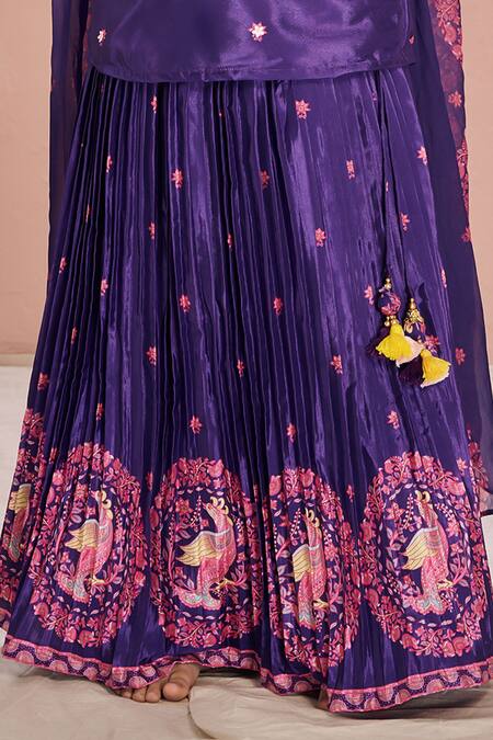 Vivedkids_Purple Crepe, Linen Embroidery, Tassels Kalamkari Kurta Pleated Lehenga Set _Online_at_Aza_Fashions