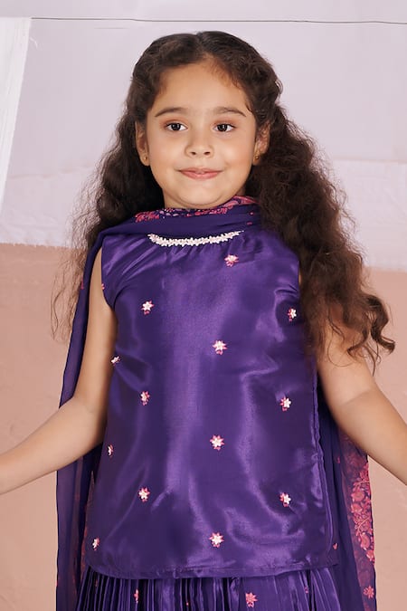 Buy_Vivedkids_Purple Crepe, Linen Embroidery, Tassels Kalamkari Kurta Pleated Lehenga Set _Online_at_Aza_Fashions