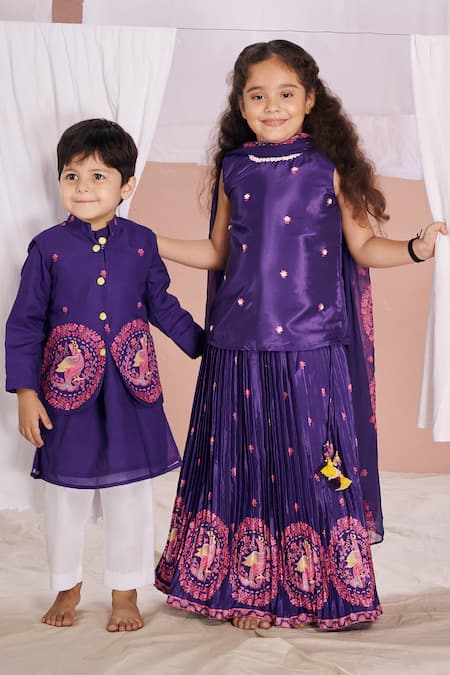 Shop_Vivedkids_Purple Crepe, Linen Embroidery, Tassels Kalamkari Kurta Pleated Lehenga Set _Online_at_Aza_Fashions