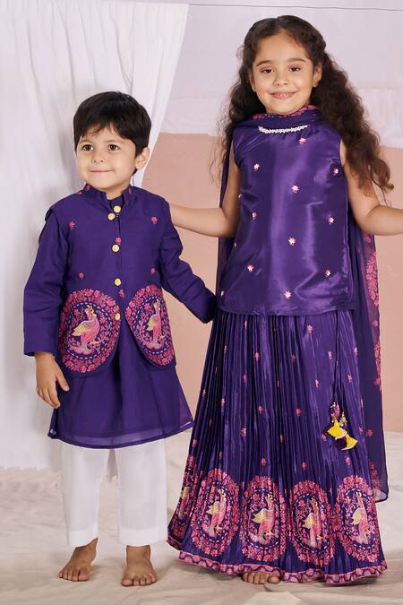 Vivedkids Purple Cotton Embroidery Floral Bundi Kurta Set Online at Aza Fashions Vivedkids_Purple Cotton Embroidery Floral Bundi Kurta Set _Online_at_Aza_Fashions