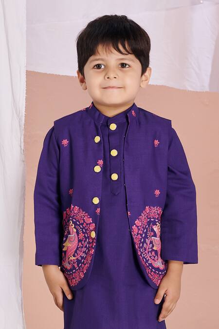 Buy Vivedkids Purple Cotton Embroidery Floral Bundi Kurta Set Online at Aza Fashions Buy_Vivedkids_Purple Cotton Embroidery Floral Bundi Kurta Set _Online_at_Aza_Fashions