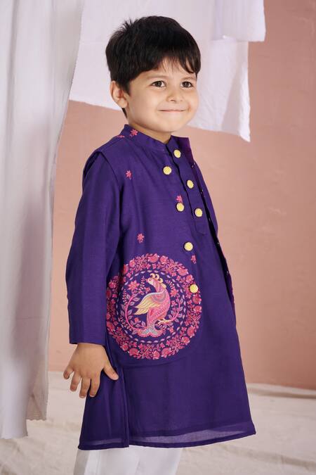 Vivedkids Purple Cotton Embroidery Floral Bundi Kurta Set at Aza Fashions Vivedkids_Purple Cotton Embroidery Floral Bundi Kurta Set _at_Aza_Fashions