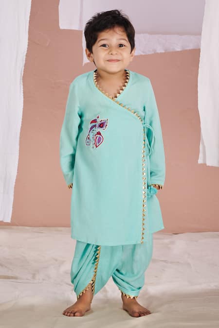 Shop Vivedkids Blue Linen Embroidery, Gota Patti Krishna Kurta And Dhoti Pant Set at Aza Fashions Shop_Vivedkids_Blue Linen Embroidery, Gota Patti Krishna Kurta And Dhoti Pant Set _at_Aza_Fashions