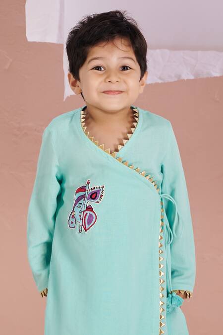 Shop Vivedkids Blue Linen Embroidery, Gota Patti Krishna Kurta And Dhoti Pant Set Online at Aza Fashions Shop_Vivedkids_Blue Linen Embroidery, Gota Patti Krishna Kurta And Dhoti Pant Set _Online_at_Aza_Fashions