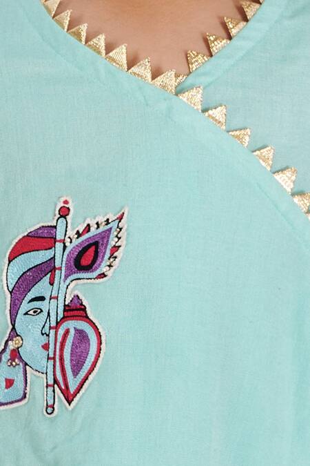 Vivedkids Blue Linen Embroidery, Gota Patti Krishna Kurta And Dhoti Pant Set at Aza Fashions Vivedkids_Blue Linen Embroidery, Gota Patti Krishna Kurta And Dhoti Pant Set _at_Aza_Fashions