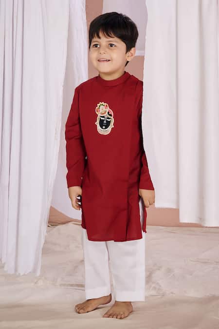 Vivedkids Linen Srinathji Embroidered Kurta & Pant Set 