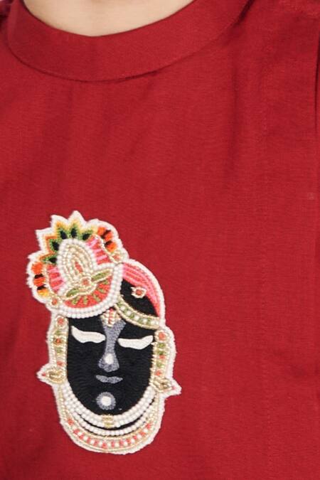 Buy_Vivedkids_Maroon Linen Gota Patti, Embroidery Srinathji Kurta And Pant Set _Online_at_Aza_Fashions