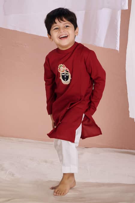 Shop_Vivedkids_Maroon Linen Gota Patti, Embroidery Srinathji Kurta And Pant Set _Online_at_Aza_Fashions