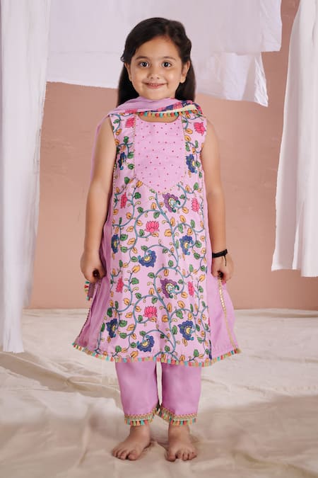 Shop Vivedkids Purple Cotton Gota Patti Kalamkari Anarkali Pant Set at Aza Fashions Shop_Vivedkids_Purple Cotton Gota Patti Kalamkari Anarkali Pant Set _at_Aza_Fashions