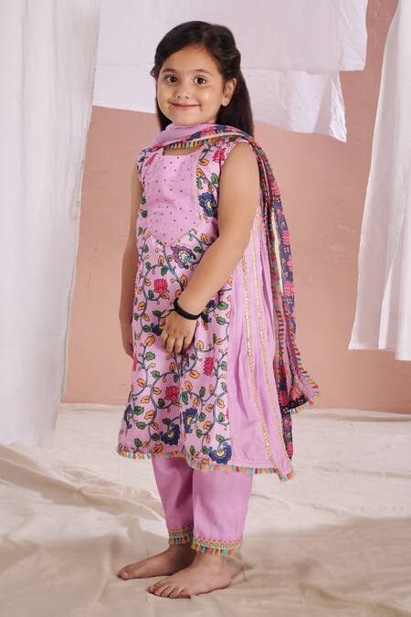 Vivedkids Purple Cotton Gota Patti Kalamkari Anarkali Pant Set Online at Aza Fashions Vivedkids_Purple Cotton Gota Patti Kalamkari Anarkali Pant Set _Online_at_Aza_Fashions