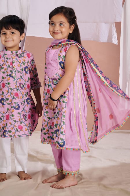 Buy Vivedkids Purple Cotton Gota Patti Kalamkari Anarkali Pant Set Online at Aza Fashions Buy_Vivedkids_Purple Cotton Gota Patti Kalamkari Anarkali Pant Set _Online_at_Aza_Fashions