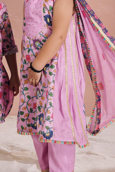 Vivedkids Purple Cotton Gota Patti Kalamkari Anarkali Pant Set at Aza Fashions Vivedkids_Purple Cotton Gota Patti Kalamkari Anarkali Pant Set _at_Aza_Fashions
