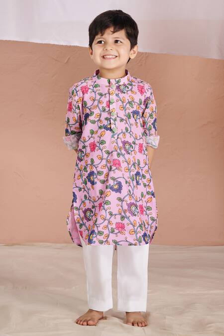 Vivedkids Purple Cotton Kalamkari Kurta Pyjama Set 