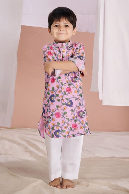 Shop Vivedkids Purple Cotton Kalamkari Kurta Pyjama Set at Aza Fashions Shop_Vivedkids_Purple Cotton Kalamkari Kurta Pyjama Set _at_Aza_Fashions