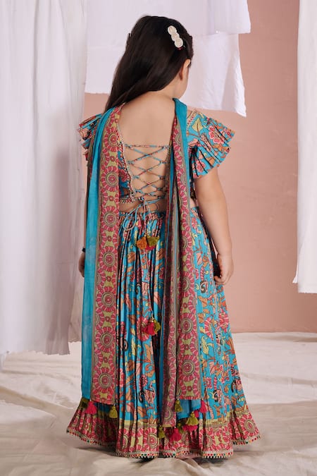 Shop Vivedkids Blue Crepe Tassels Kalamkari Tassled Blouse Sharara Set at Aza Fashions Shop_Vivedkids_Blue Crepe Tassels Kalamkari Tassled Blouse Sharara Set _at_Aza_Fashions