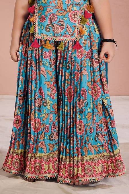 Vivedkids Blue Crepe Tassels Kalamkari Tassled Blouse Sharara Set Online at Aza Fashions Vivedkids_Blue Crepe Tassels Kalamkari Tassled Blouse Sharara Set _Online_at_Aza_Fashions