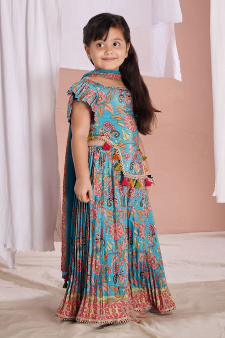 Buy Vivedkids Blue Crepe Tassels Kalamkari Tassled Blouse Sharara Set Online at Aza Fashions Buy_Vivedkids_Blue Crepe Tassels Kalamkari Tassled Blouse Sharara Set _Online_at_Aza_Fashions