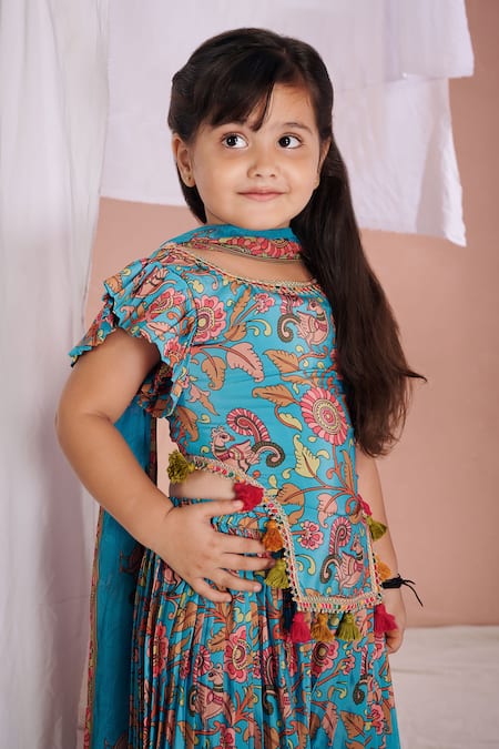 Shop Vivedkids Blue Crepe Tassels Kalamkari Tassled Blouse Sharara Set Online at Aza Fashions Shop_Vivedkids_Blue Crepe Tassels Kalamkari Tassled Blouse Sharara Set _Online_at_Aza_Fashions