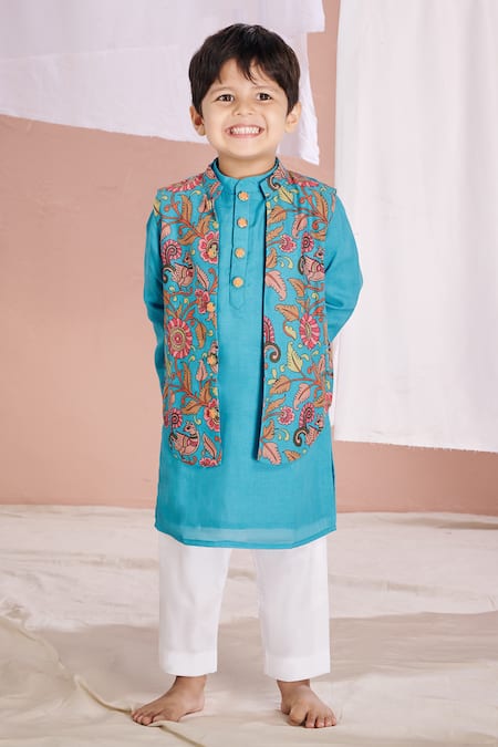Vivedkids Blue Cotton Embroidery Kalamkari Bundi Pant Set 