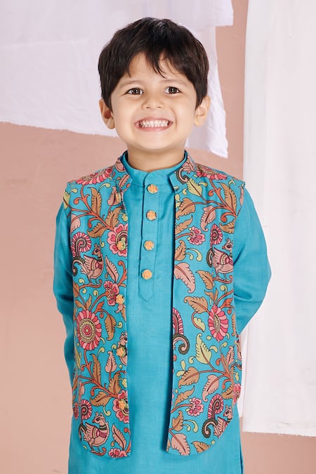 Buy Vivedkids Blue Cotton Embroidery Kalamkari Bundi Pant Set Online at Aza Fashions Buy_Vivedkids_Blue Cotton Embroidery Kalamkari Bundi Pant Set _Online_at_Aza_Fashions