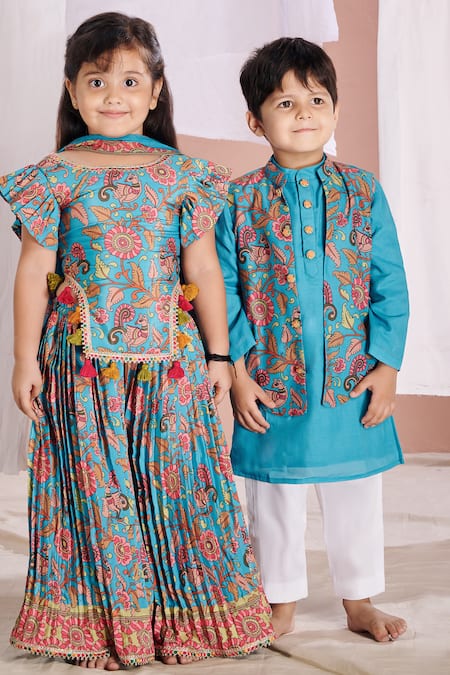 Shop Vivedkids Blue Cotton Embroidery Kalamkari Bundi Pant Set Online at Aza Fashions Shop_Vivedkids_Blue Cotton Embroidery Kalamkari Bundi Pant Set _Online_at_Aza_Fashions