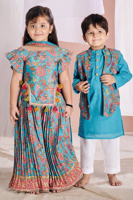 Buy Vivedkids Blue Cotton Embroidery Kalamkari Bundi Pant Set Buy_Vivedkids_Blue Cotton Embroidery Kalamkari Bundi Pant Set