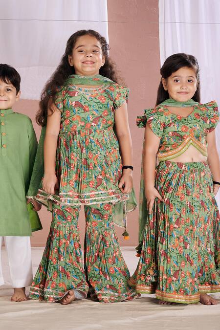 Shop Vivedkids Green Crepe Lace, Embroidery Kalamkari Peplum Top And Sharara Set at Aza Fashions Shop_Vivedkids_Green Crepe Lace, Embroidery Kalamkari Peplum Top And Sharara Set _at_Aza_Fashions