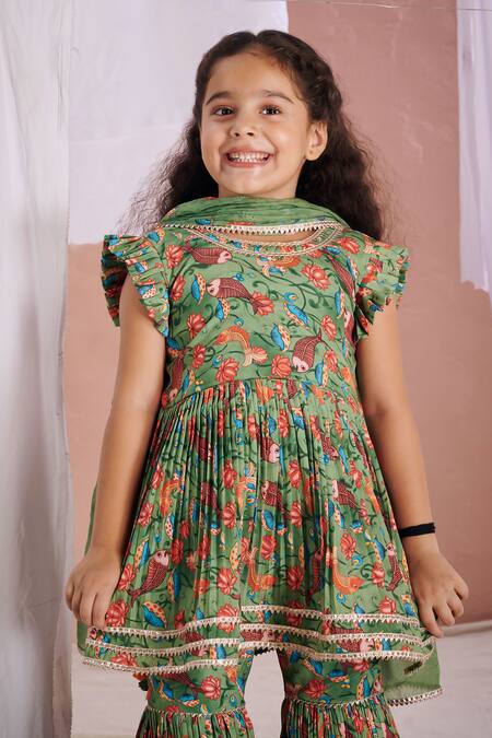 Vivedkids Green Crepe Lace, Embroidery Kalamkari Peplum Top And Sharara Set Online at Aza Fashions Vivedkids_Green Crepe Lace, Embroidery Kalamkari Peplum Top And Sharara Set _Online_at_Aza_Fashions