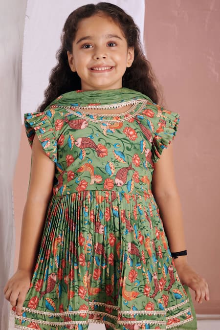 Shop Vivedkids Green Crepe Lace, Embroidery Kalamkari Peplum Top And Sharara Set Online at Aza Fashions Shop_Vivedkids_Green Crepe Lace, Embroidery Kalamkari Peplum Top And Sharara Set _Online_at_Aza_Fashions