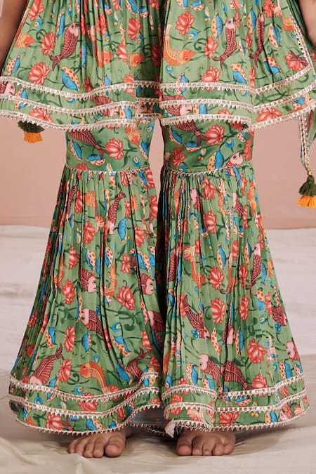 Vivedkids Green Crepe Lace, Embroidery Kalamkari Peplum Top And Sharara Set at Aza Fashions Vivedkids_Green Crepe Lace, Embroidery Kalamkari Peplum Top And Sharara Set _at_Aza_Fashions