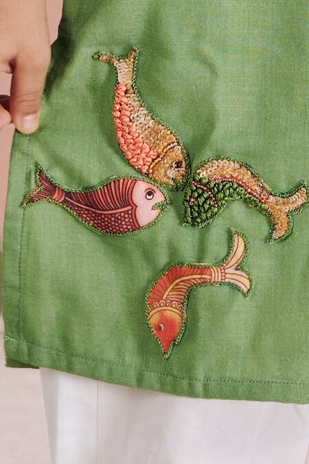 Shop_Vivedkids_Green Cotton Embroidery Kurta And Pant Set _Online_at_Aza_Fashions