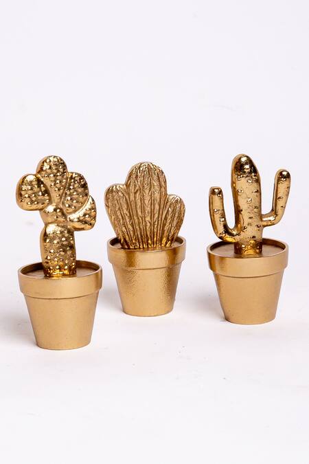 Logam Gold Mild Steel Wired Work Metallic Cactus Table Top Accessory Set