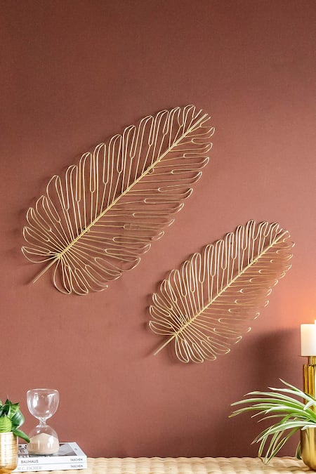 Logam Gold Mild Steel Wired Work Palm Leaf Wall Decor 2 Pcs Set