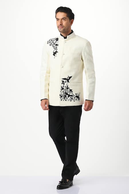 Taroob Silk Bird Placement Embroidered Bandhgala 