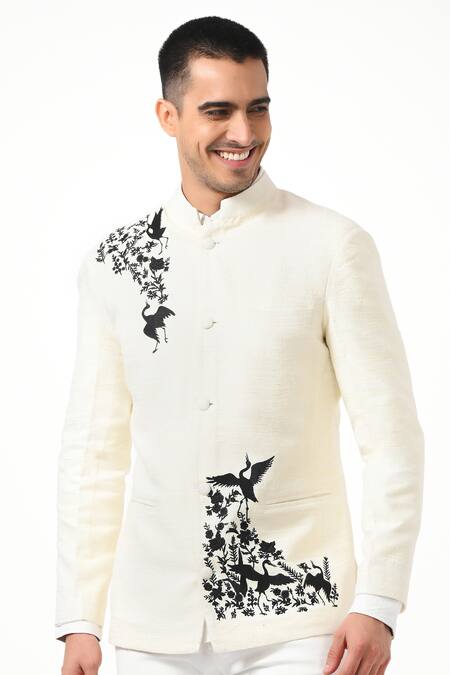 Taroob White 100% Silk Embroidery Thread Bird Placement Bandhgala Online at Aza Fashions Taroob_White 100% Silk Embroidery Thread Bird Placement Bandhgala _Online_at_Aza_Fashions