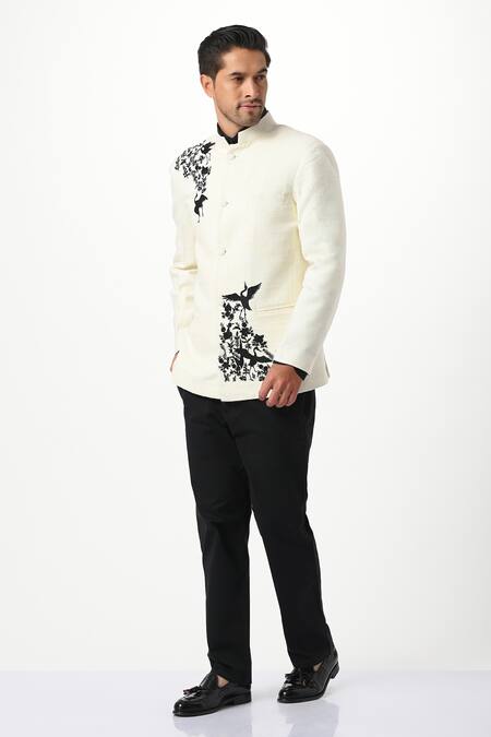 Buy Taroob White 100% Silk Embroidery Thread Bird Placement Bandhgala Online at Aza Fashions Buy_Taroob_White 100% Silk Embroidery Thread Bird Placement Bandhgala _Online_at_Aza_Fashions