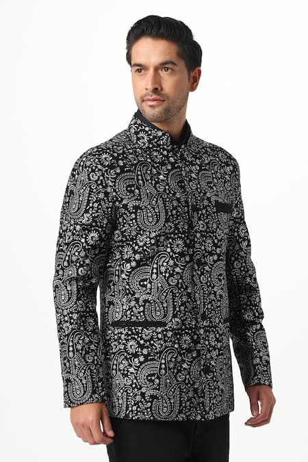 Taroob Black Silk, Wool Embroidery Paisley Bandhgala Online at Aza Fashions Taroob_Black Silk, Wool Embroidery Paisley Bandhgala _Online_at_Aza_Fashions