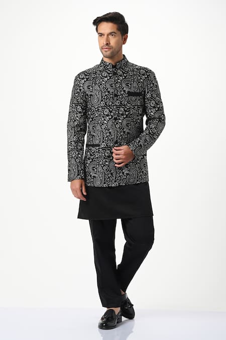 Buy Taroob Black Silk, Wool Embroidery Paisley Bandhgala Online at Aza Fashions Buy_Taroob_Black Silk, Wool Embroidery Paisley Bandhgala _Online_at_Aza_Fashions