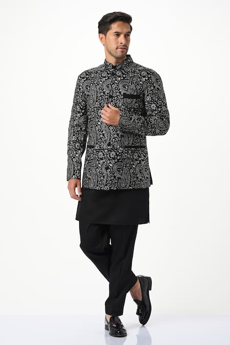 Shop Taroob Black Silk, Wool Embroidery Paisley Bandhgala Online at Aza Fashions Shop_Taroob_Black Silk, Wool Embroidery Paisley Bandhgala _Online_at_Aza_Fashions