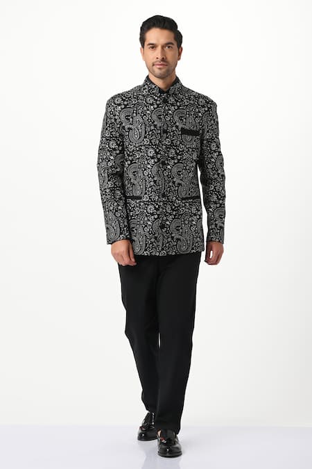 Taroob Black Silk, Wool Embroidery Paisley Bandhgala at Aza Fashions Taroob_Black Silk, Wool Embroidery Paisley Bandhgala _at_Aza_Fashions