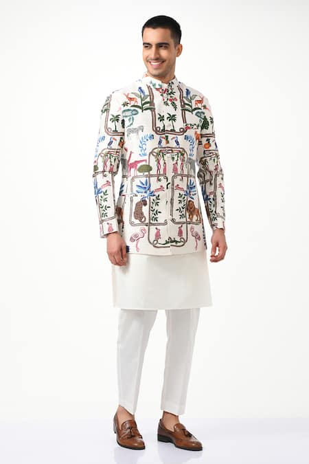 Buy_Taroob_White Silk Embroidery Tropical Kalamkari Bandhgala _Online_at_Aza_Fashions