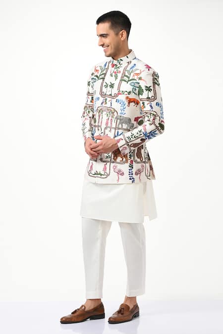 Shop_Taroob_White Silk Embroidery Tropical Kalamkari Bandhgala _Online_at_Aza_Fashions