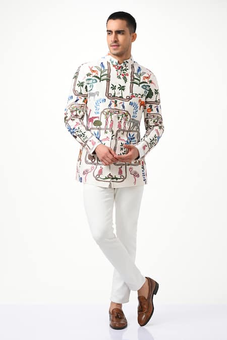 Taroob_White Silk Embroidery Tropical Kalamkari Bandhgala _at_Aza_Fashions