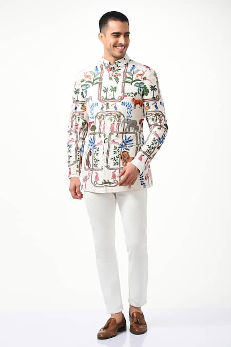 Buy_Taroob_White Silk Embroidery Tropical Kalamkari Bandhgala 